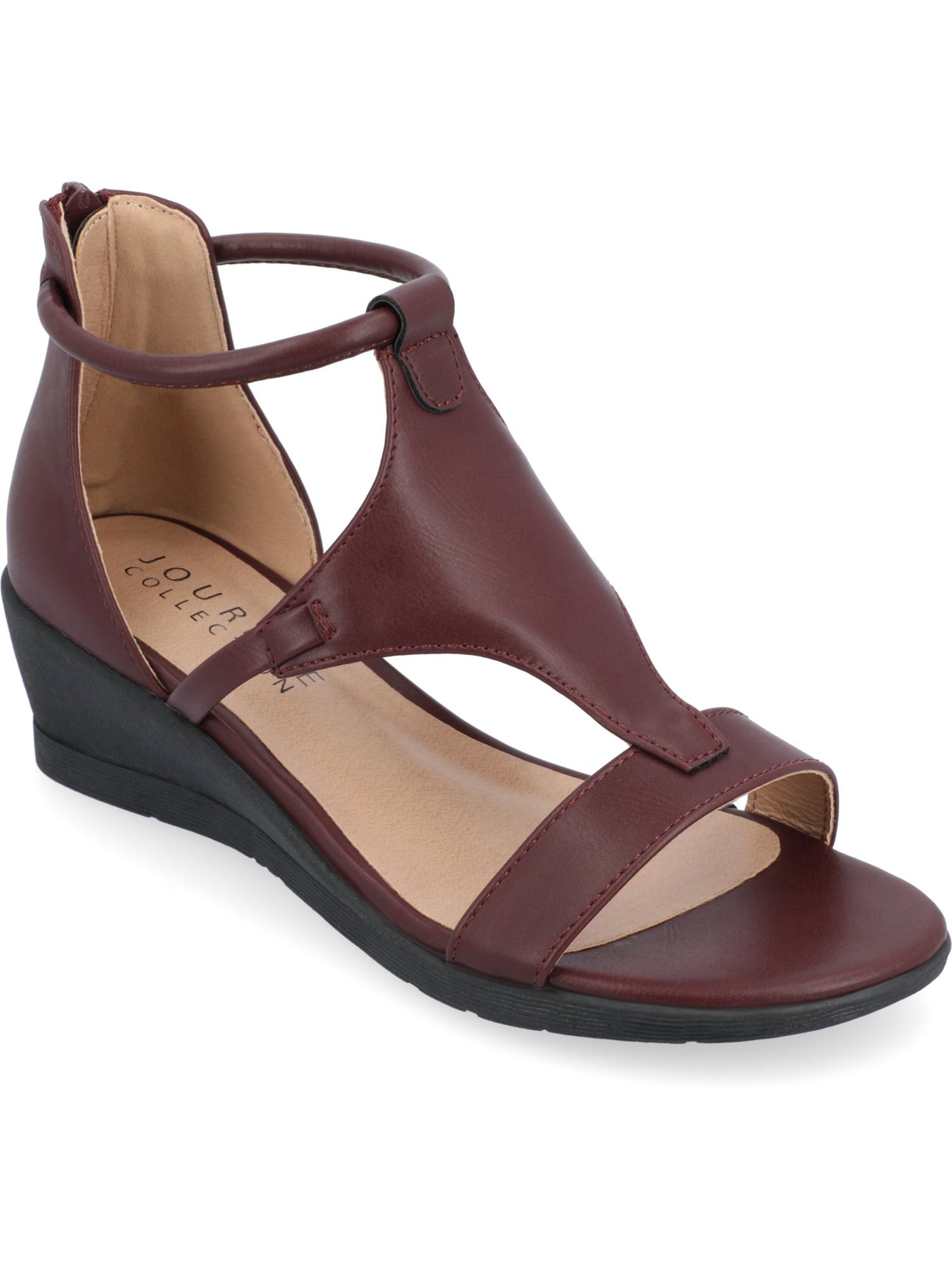 JOURNEE COLLECTION Womens Wine Burgundy Padded Stretch Strappy Ankle Strap Trayle Round Toe Wedge Zip-Up Sandals Shoes 7.5