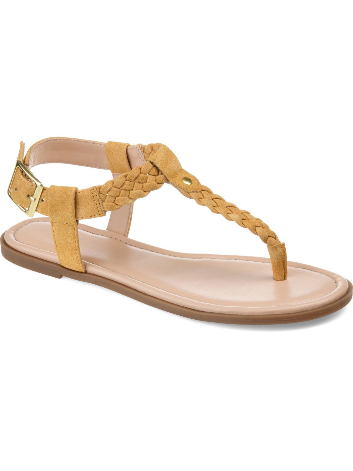 JOURNEE COLLECTION Womens Yellow Studded Buckle Accent Comfort T-Strap Genevive Round Toe Buckle Sandals Shoes 5.5