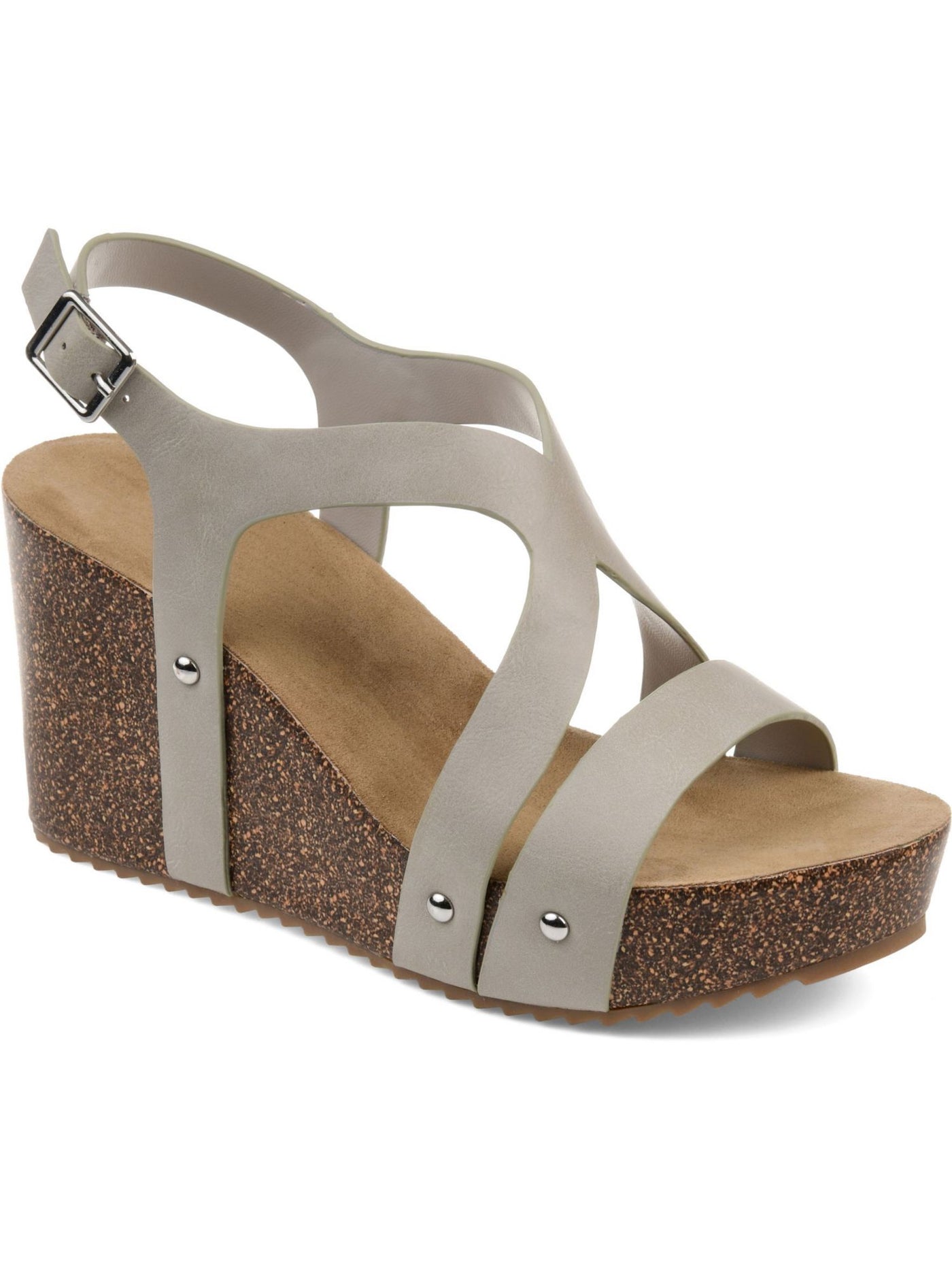 JOURNEE COLLECTION Womens Gray 1" Platform Cork-Like Metallic Accents Padded Strappy Geneva Round Toe Wedge Buckle Slingback Sandal 9 M