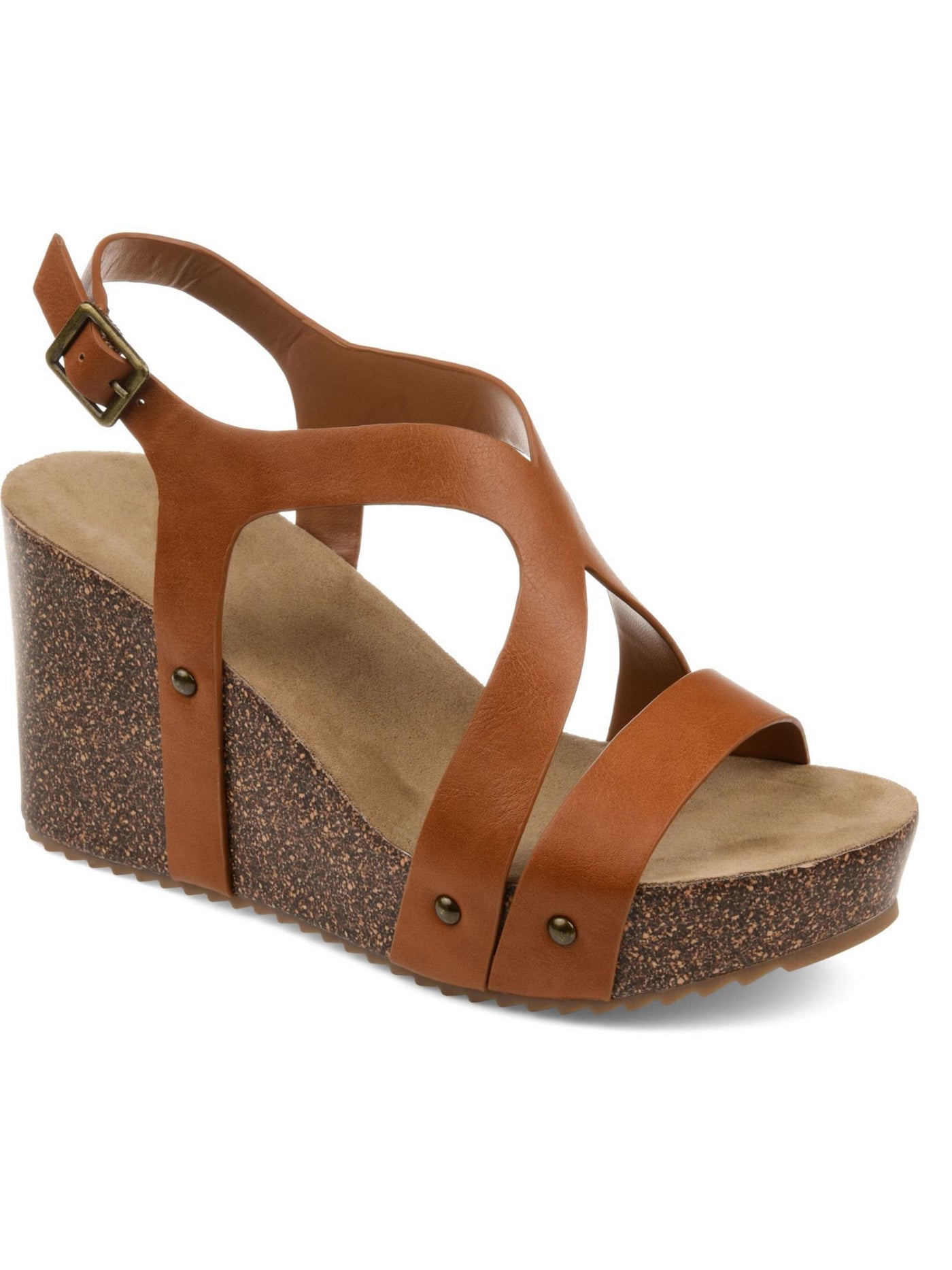 JOURNEE COLLECTION Womens Brown 1" Platform Cork-Like Metallic Accents Padded Strappy Geneva Round Toe Wedge Buckle Slingback Sandal 9 M