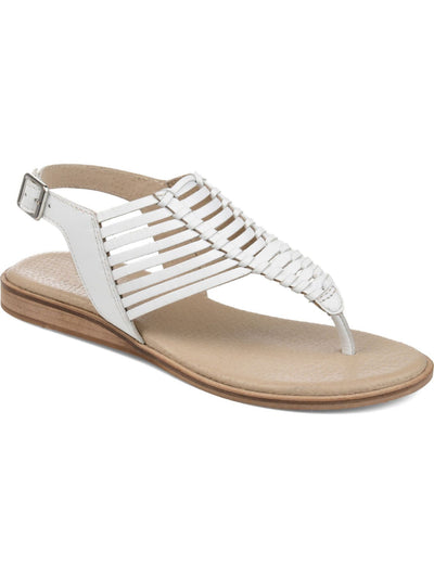 JOURNEE COLLECTION Womens White Fishbone Detail Traction Cushioned Adjustable Strap Davis Round Toe Wedge Buckle Leather Thong Sandals Shoes 7.5 M