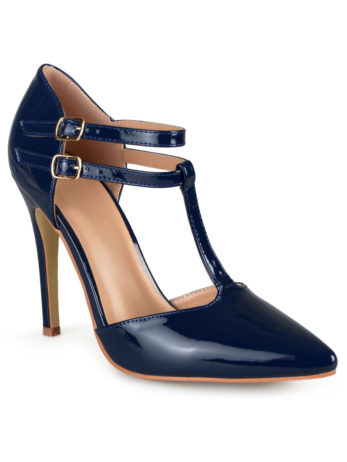 JOURNEE COLLECTION Womens Navy Padded T-Strap Adjustable Tru Pointed Toe Stiletto Buckle Dress Pumps Shoes 7.5 M