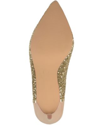 JOURNEE COLLECTION Womens Gold Mesh Glitter Padded Kalani Pointed Toe Stiletto Slip On Pumps Shoes M