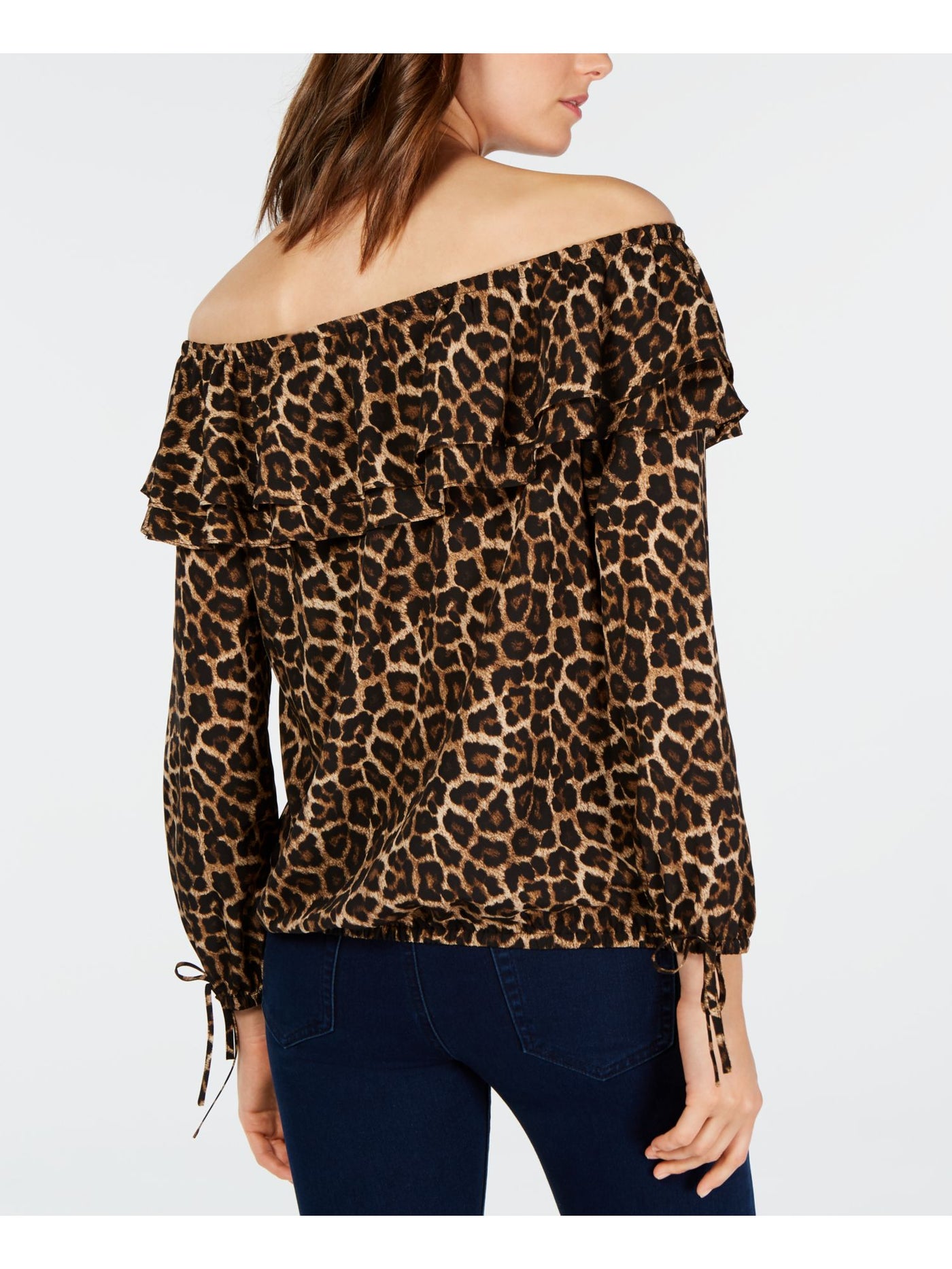 MICHAEL MICHAEL KORS Womens Brown Ruffled Tie Cuffs Animal Print Long Sleeve Off Shoulder Top Petites P\S