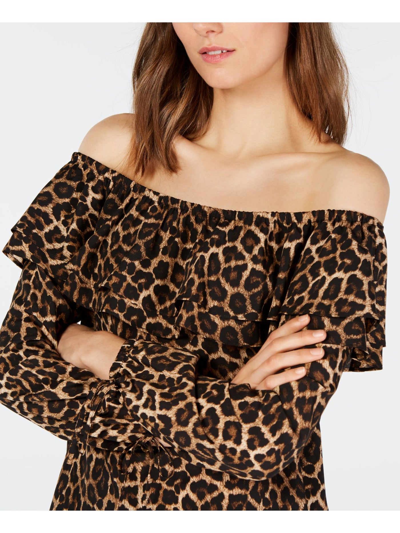 MICHAEL MICHAEL KORS Womens Brown Ruffled Tie Cuffs Animal Print Long Sleeve Off Shoulder Top Petites P\S