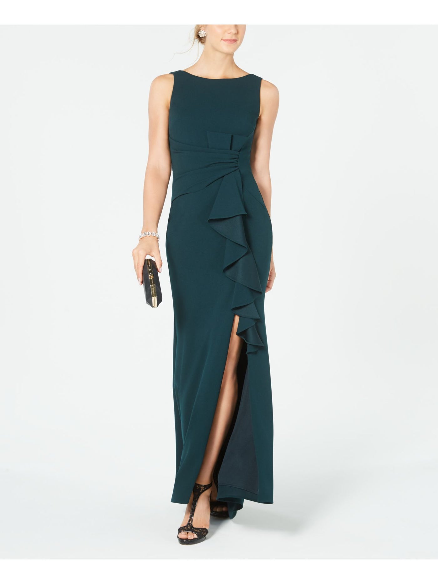 BETSY & ADAM Womens Green Ruffled Zippered Gown Sleeveless Boat Neck Full-Length Evening Sheath Dress 4