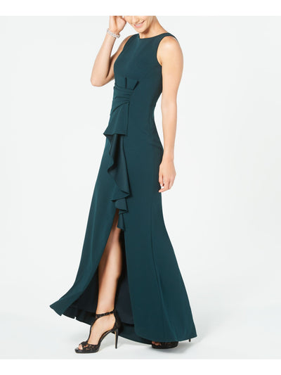 BETSY & ADAM Womens Green Ruffled Zippered Gown Sleeveless Boat Neck Full-Length Evening Sheath Dress 4