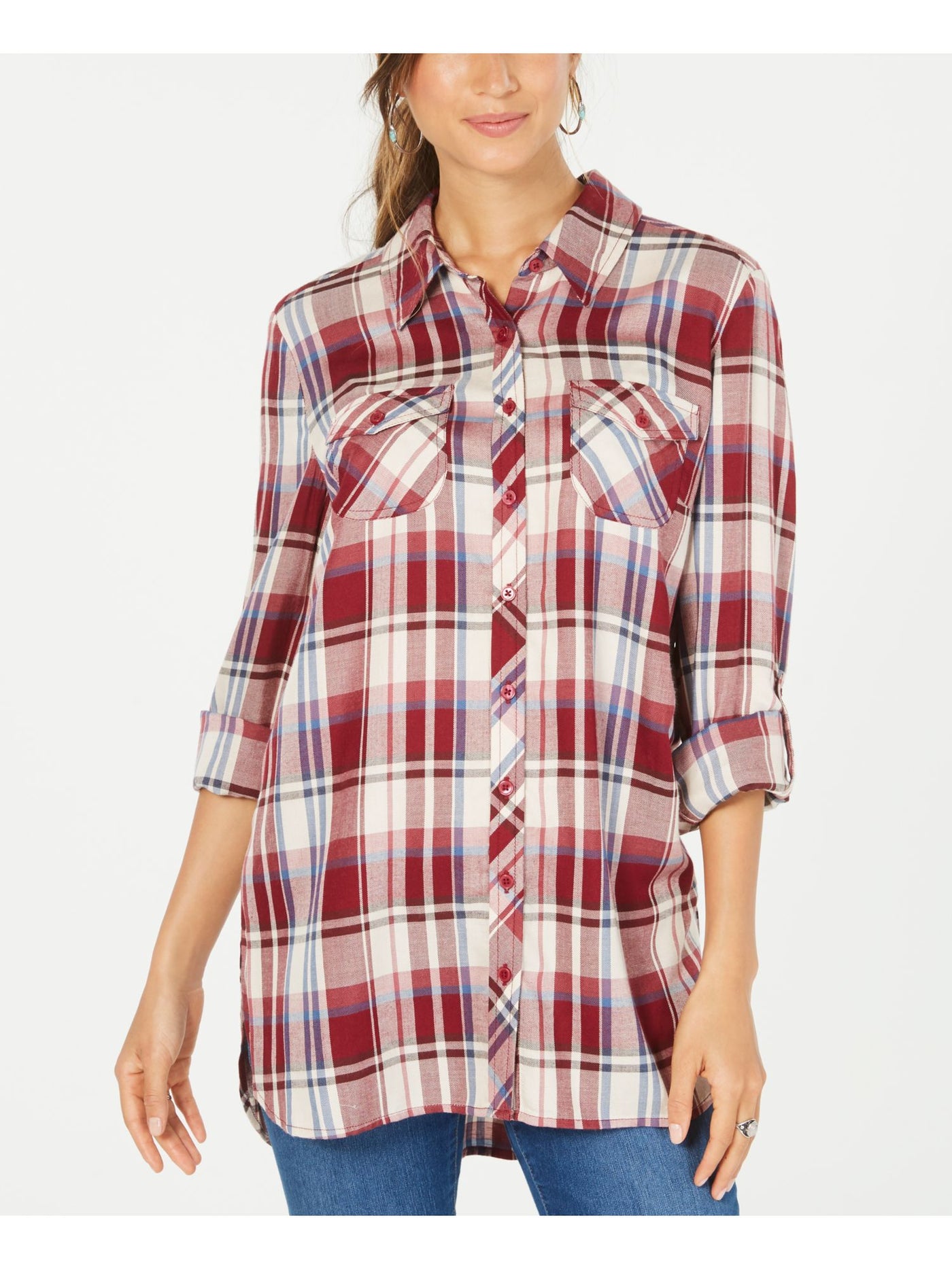 STYLE & COMPANY Womens Cuffed Collared Button Up Top
