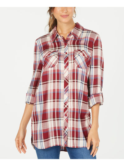 STYLE & COMPANY Womens Red Plaid Cuffed Collared Button Up Top Petites PS