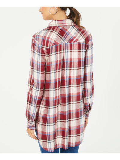 STYLE & COMPANY Womens Red Plaid Cuffed Collared Button Up Top Petites PS