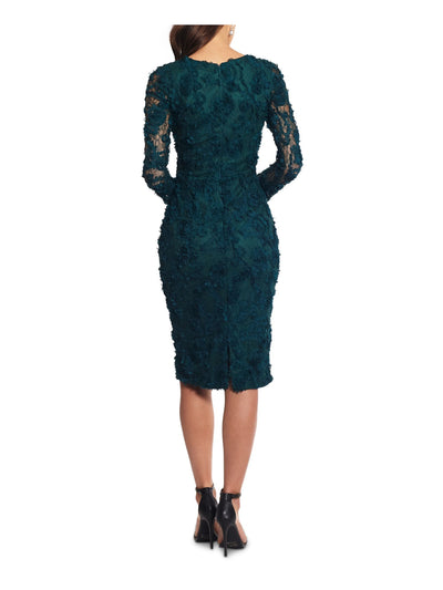 XSCAPE Womens Green Embellished Zippered Lined Slitted Long Sleeve Round Neck Below The Knee Party Sheath Dress 6