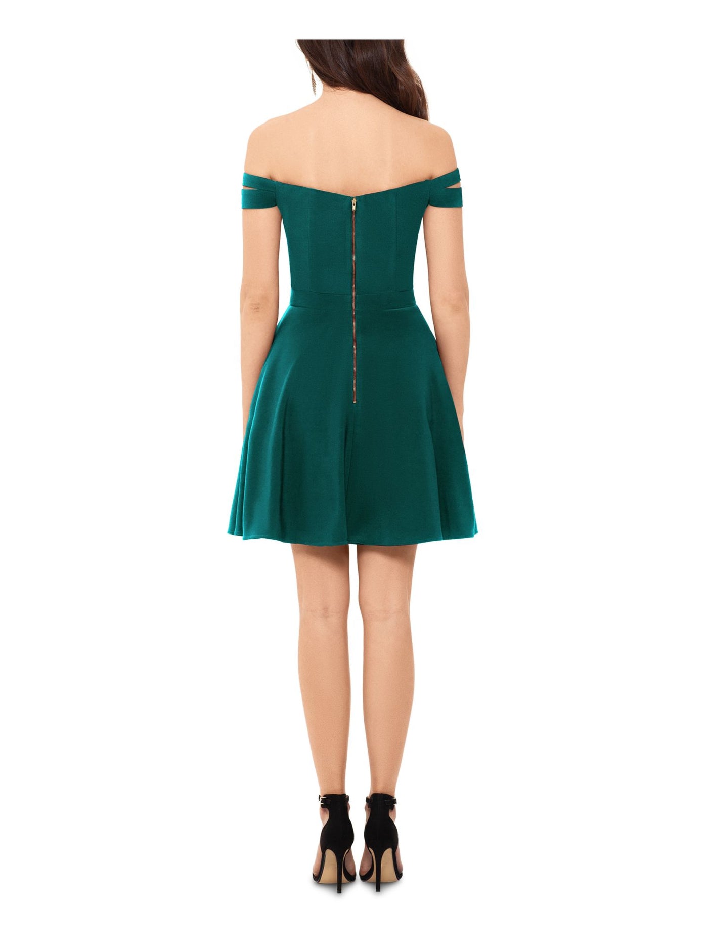 XSCAPE Womens Short Sleeve Off Shoulder Mini Evening Fit + Flare Dress