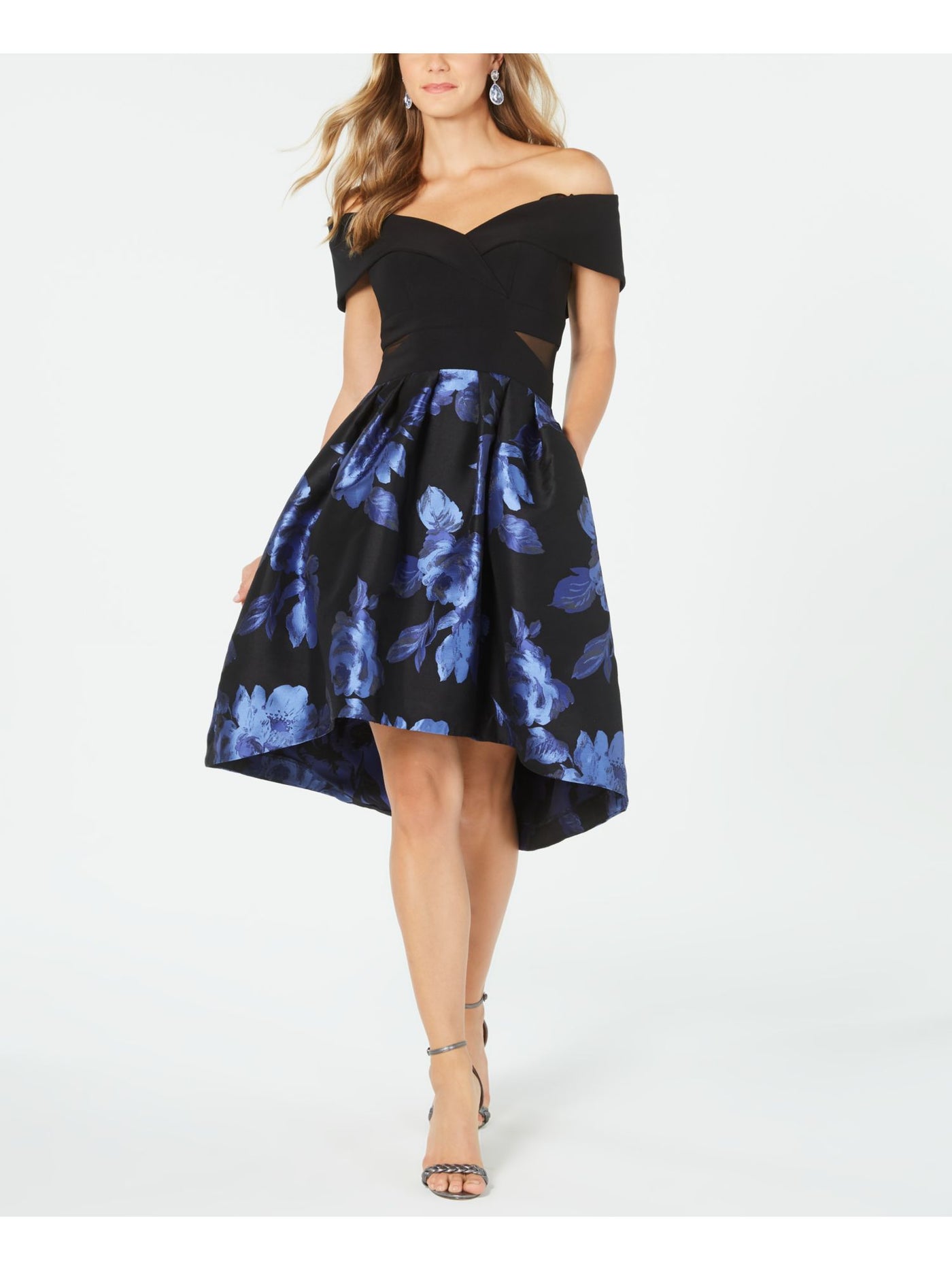 XSCAPE Womens Black Zippered Floral Short Sleeve Off Shoulder Knee Length Evening Fit + Flare Dress 2