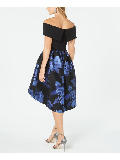 XSCAPE Womens Black Zippered Floral Short Sleeve Off Shoulder Knee Length Evening Fit + Flare Dress 2