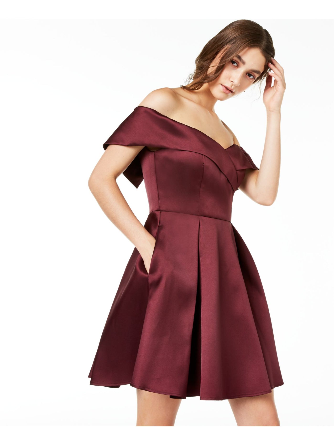 B DARLIN Womens Burgundy Short Sleeve Off Shoulder Mini Party Fit + Flare Dress Juniors 1\2