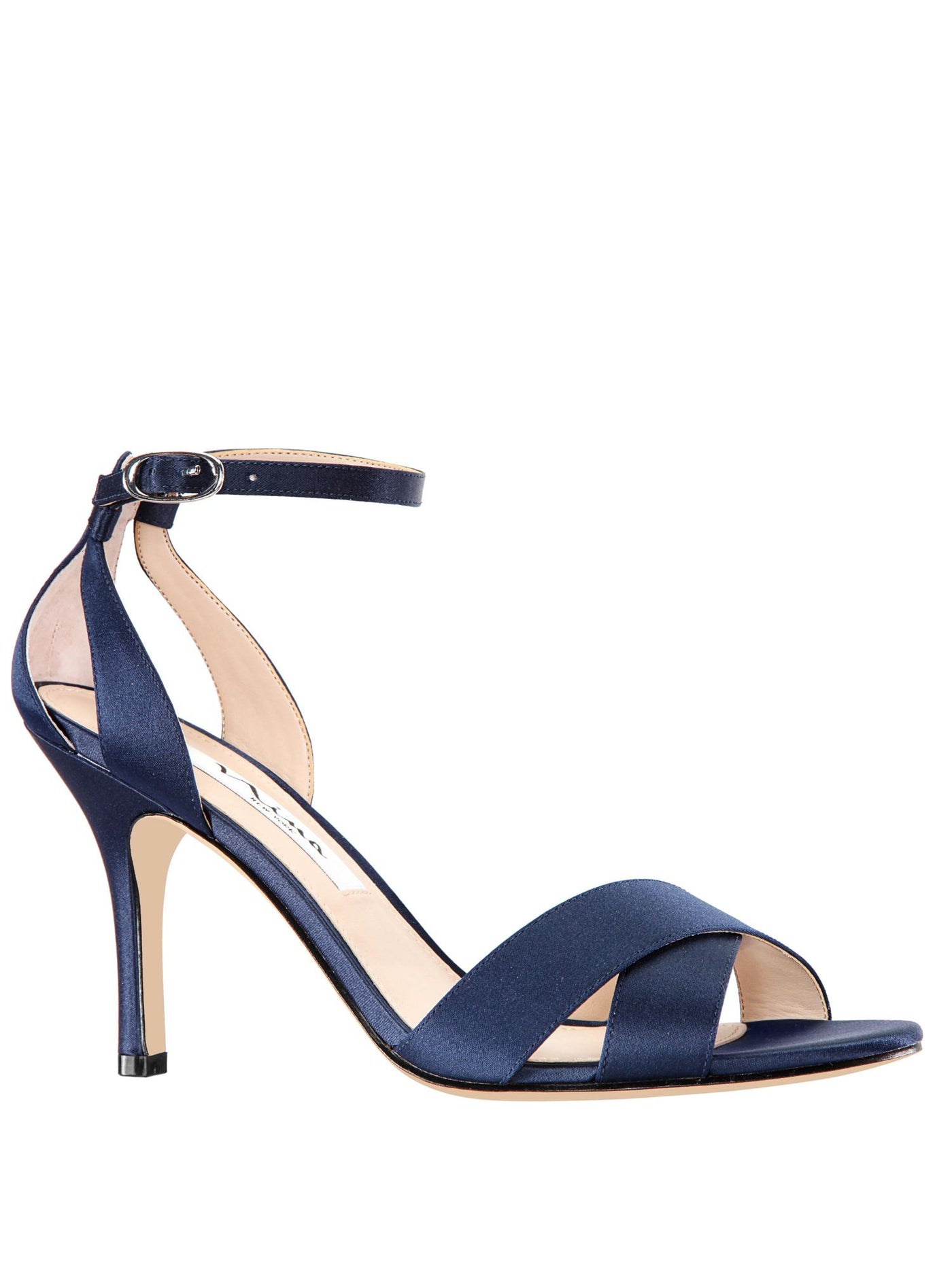 NINA Womens Navy Crisscross Straps Ankle Strap Padded Venus Round Toe Stiletto Buckle Leather Dress Sandals Shoes 7 M