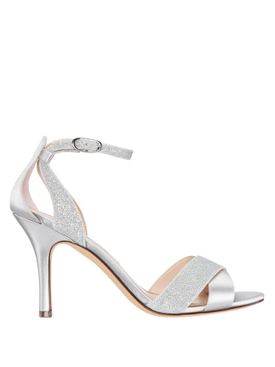 NINA Womens Silver Crisscross Straps Ankle Strap Cutout Details Glitter Cushioned Venus Round Toe Stiletto Buckle Leather Dress Sandals Shoes 8 M