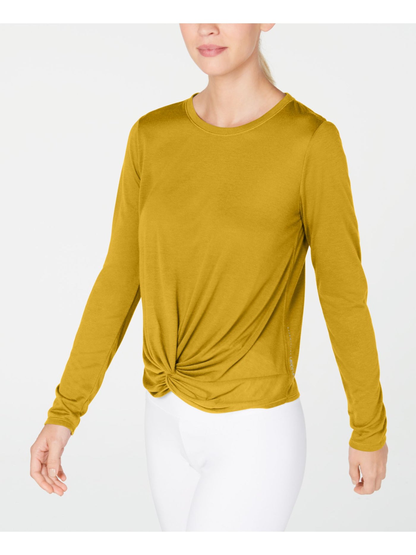 CALVIN KLEIN PERFORMANCE Womens Gold Moisture Wicking Twist Front Long Sleeve Jewel Neck T-Shirt XS