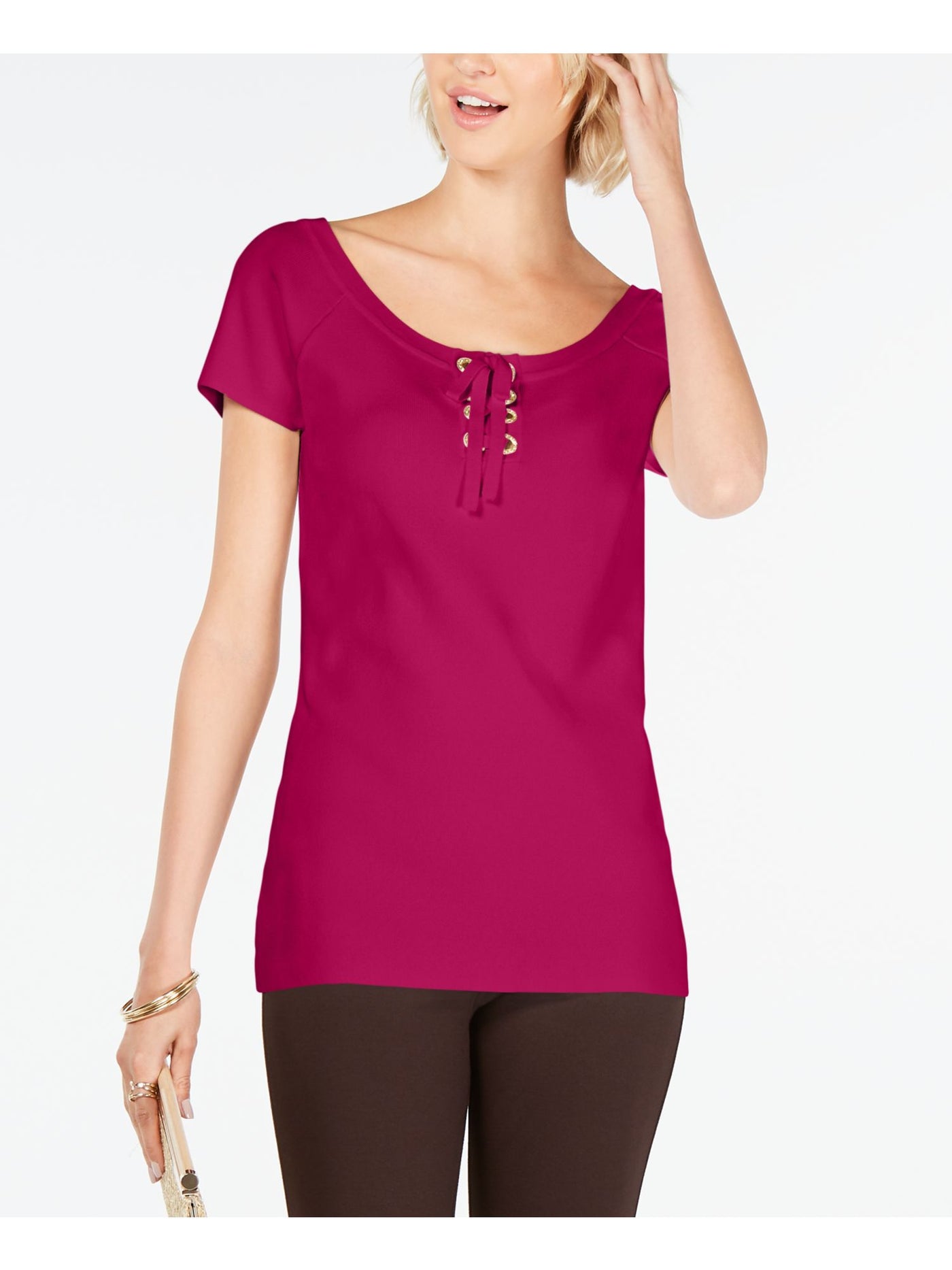 INC Womens Pink Short Sleeve Jewel Neck T-Shirt XS