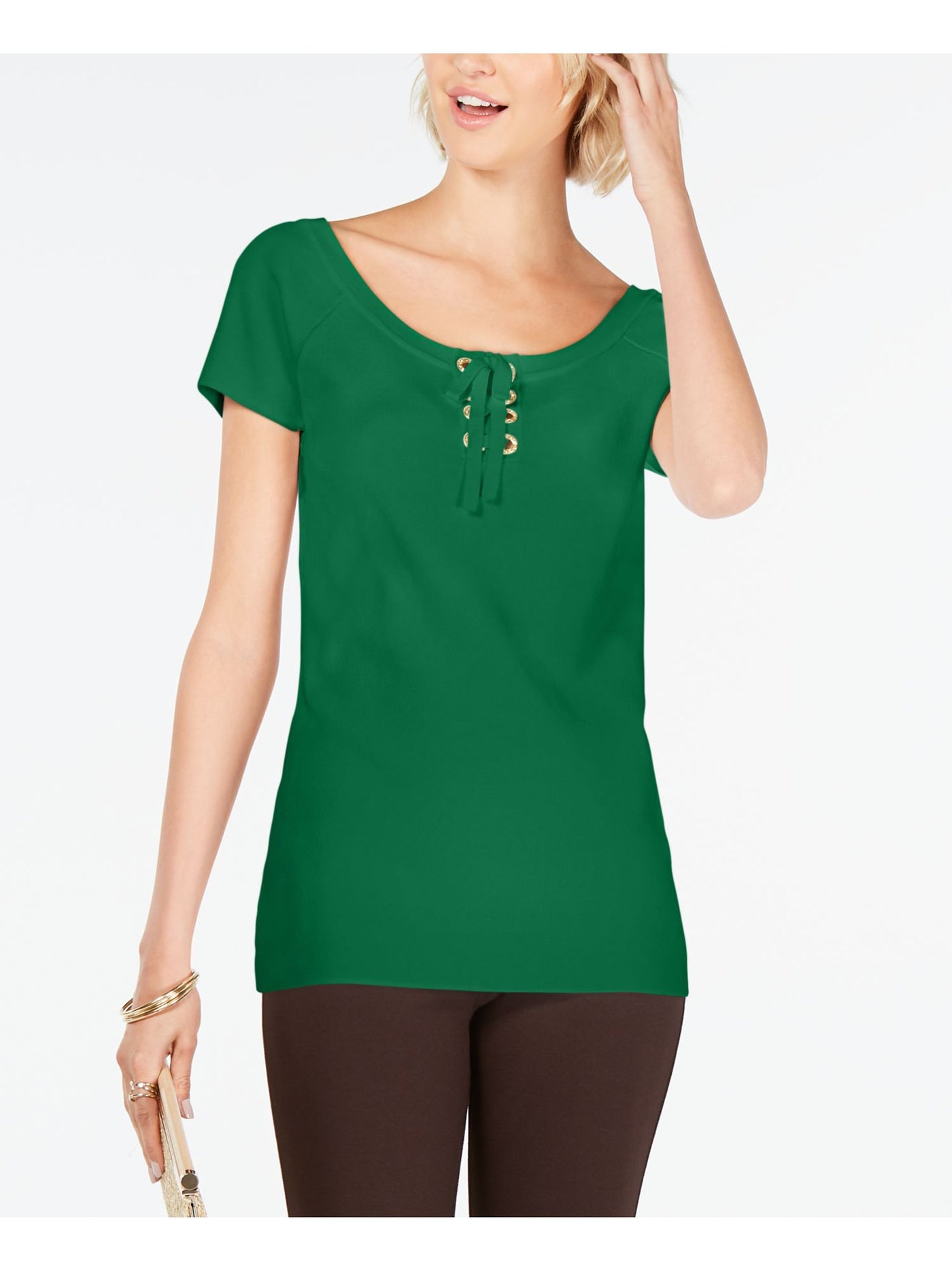 INC Womens Green Short Sleeve Jewel Neck T-Shirt L