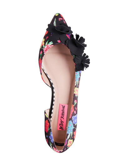 BETSEY JOHNSON Womens Black Floral Dorsay Flower Accent Cushioned Tutu Pointed Toe Block Heel Slip On Dress Flats Shoes