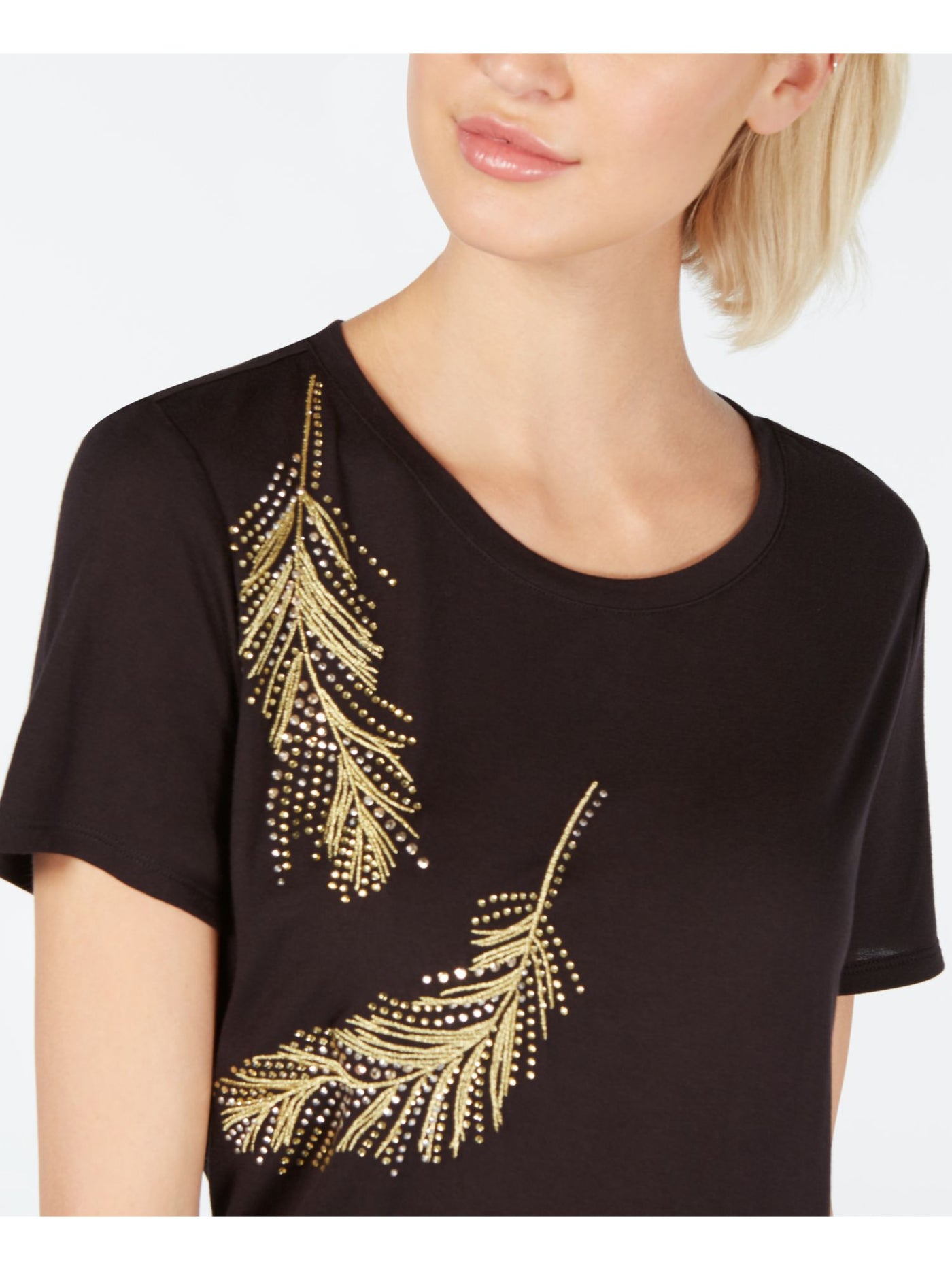INC Womens Black Embroidered Short Sleeve Jewel Neck T-Shirt XS