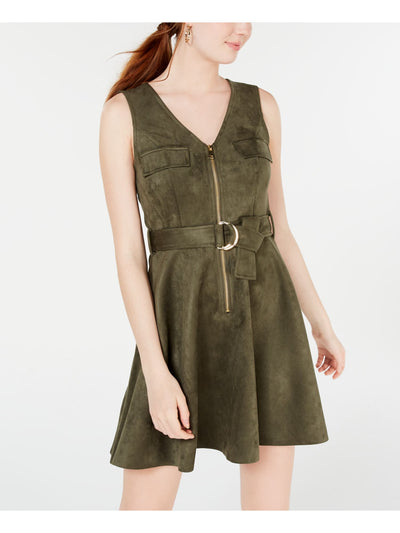 Rosie Harlow Womens Green Faux Suede Belted Sleeveless V Neck Short Fit + Flare Dress Juniors XS