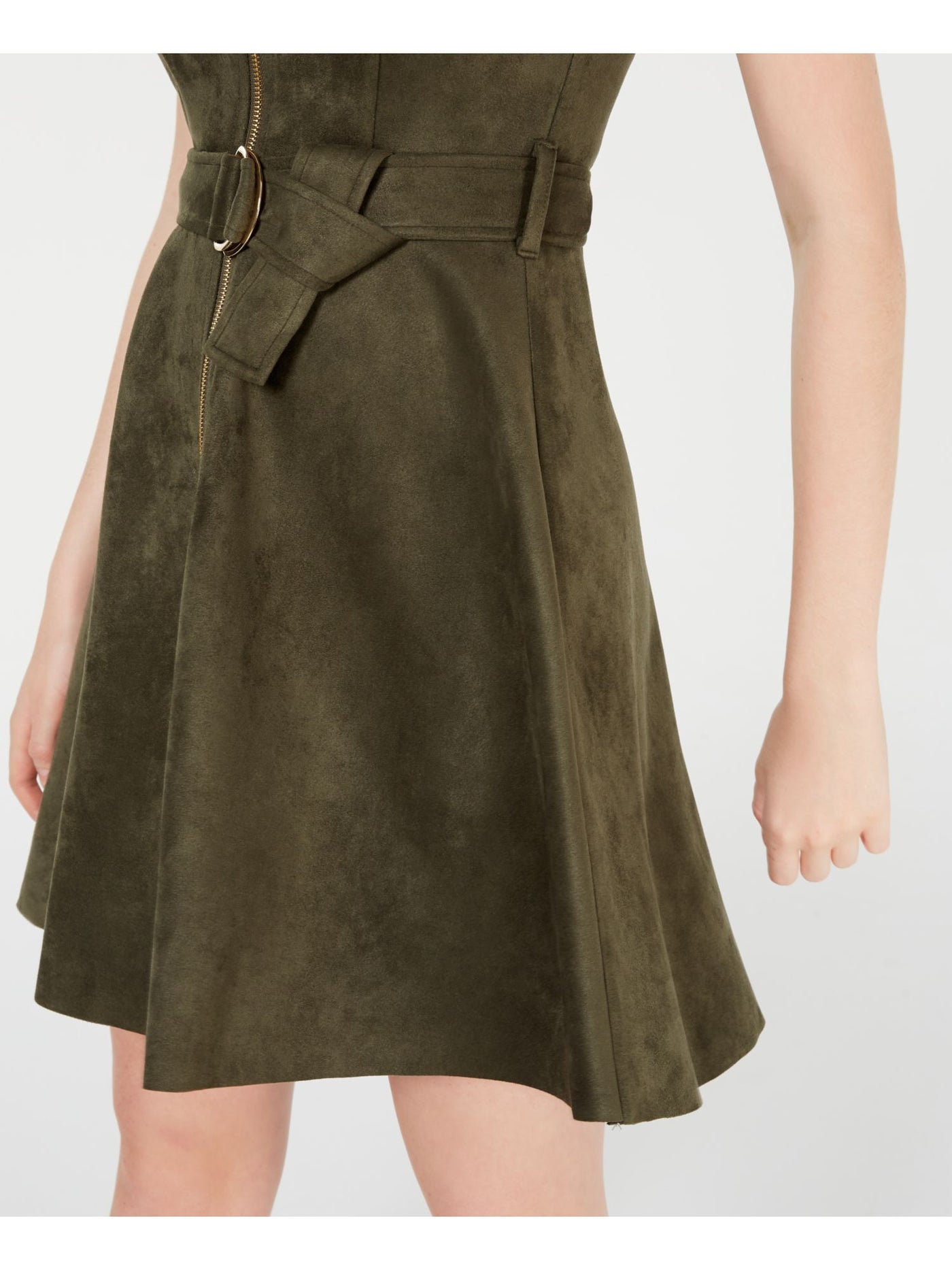 Rosie Harlow Womens Green Faux Suede Belted Sleeveless V Neck Short Fit + Flare Dress Juniors XS