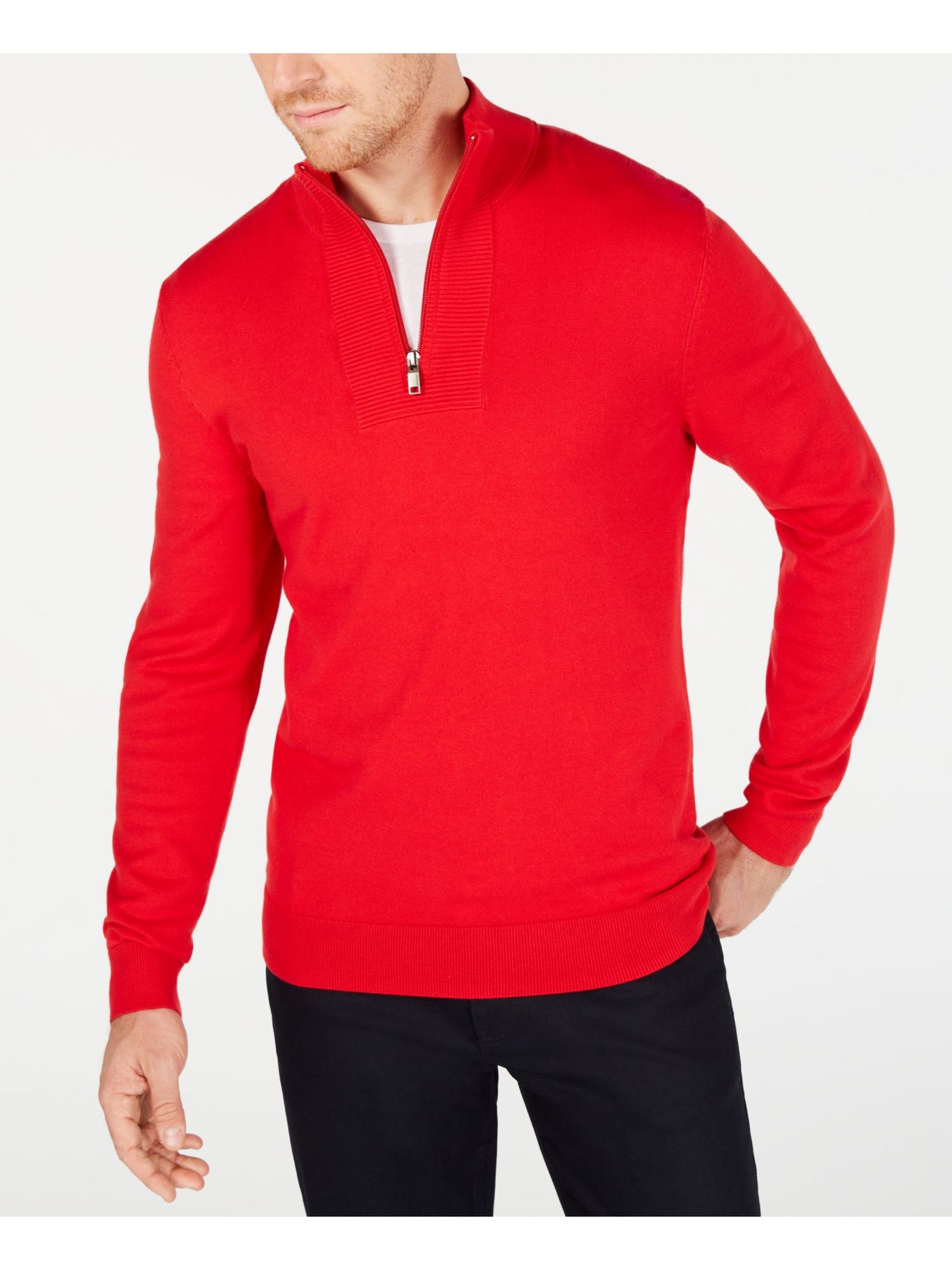 ALFANI Mens Red Classic Fit Quarter-Zip Cotton Pullover Sweater L