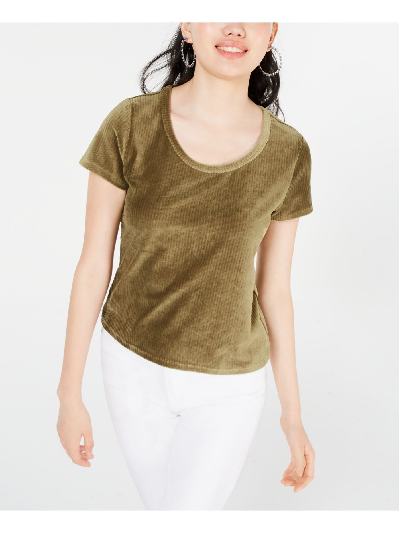 CRAVE FAME Womens Green Corduroy Short Sleeve Scoop Neck Top XL