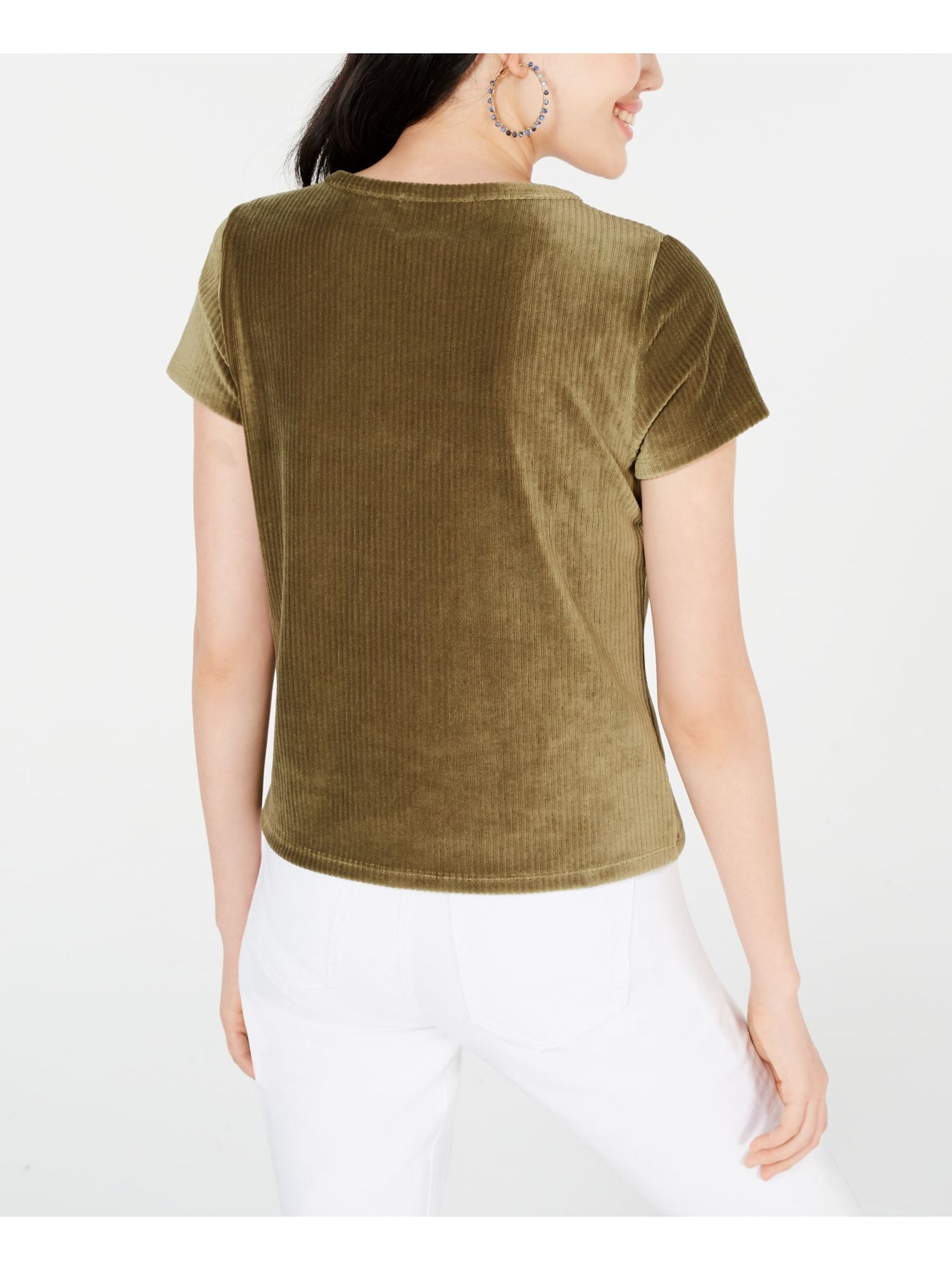 CRAVE FAME Womens Green Corduroy Short Sleeve Scoop Neck Top S