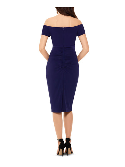 X BY XSCAPE Womens Navy Zippered Ruched Notched V Neck Bodice Boning Short Sleeve Off Shoulder Below The Knee Cocktail Sheath Dress 2