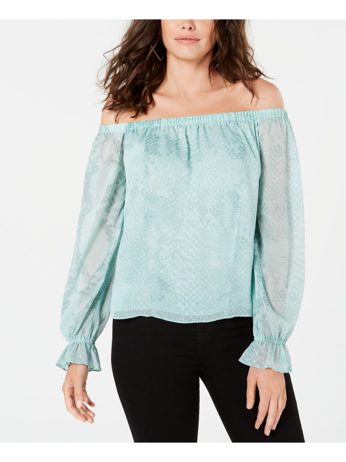 GUESS Womens Turquoise Patterned Long Sleeve Off Shoulder Blouse S