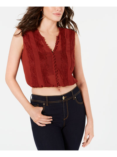 GUESS Womens Maroon Lace Patterned Cap Sleeve V Neck Crop Top M