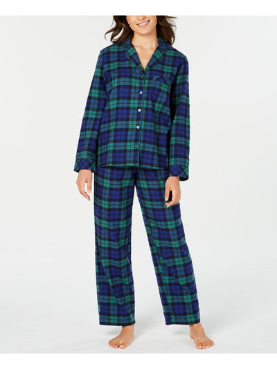 FAMILY PJs Womens Navy Plaid Notched Collar Long Sleeve Button Up Top Straight leg Pants Flannel Pajamas N/A XL
