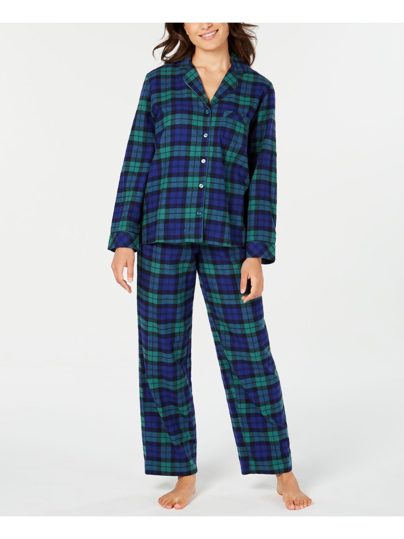 FAMILY PJs Womens Navy Plaid Elastic Band Long Sleeve Button Up Top Straight leg Pants Flannel Pajamas XXL