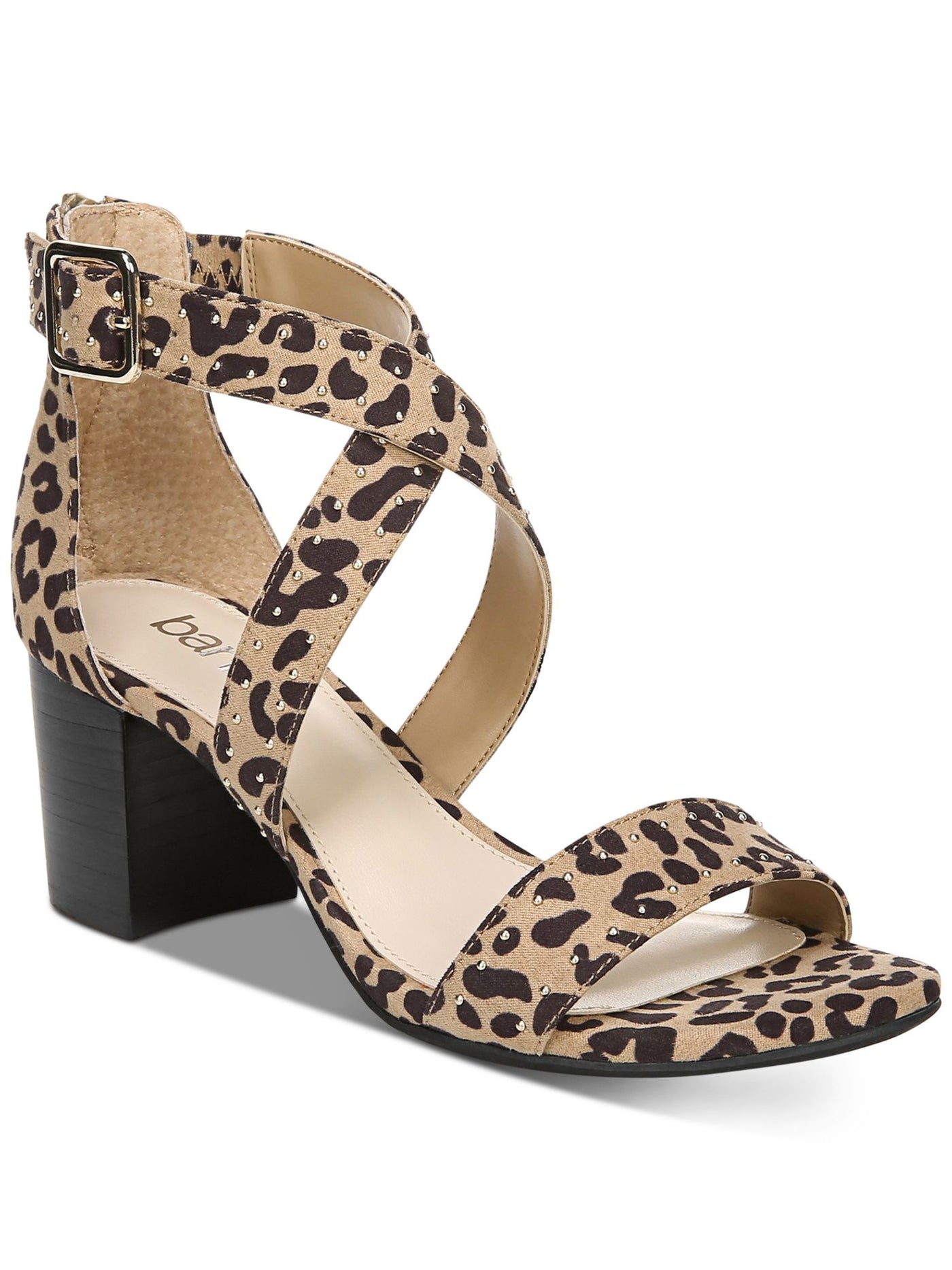 BAR III Womens Beige Leopard Print Strappy Zip Studded Padded Baylee Round Toe Block Heel Buckle Dress Sandals Shoes 5 M