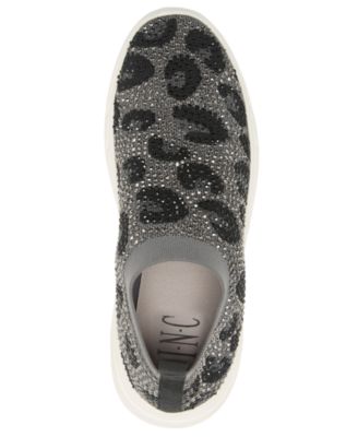 INC Womens Gray Leopard Print 1" Platform Removable Insole Rhinestone Stretch Kalama Round Toe Wedge Slip On Athletic Sneakers Shoes M