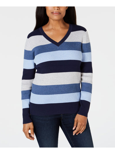 KAREN SCOTT Womens Blue Color Block Long Sleeve V Neck Sweater Petites PP