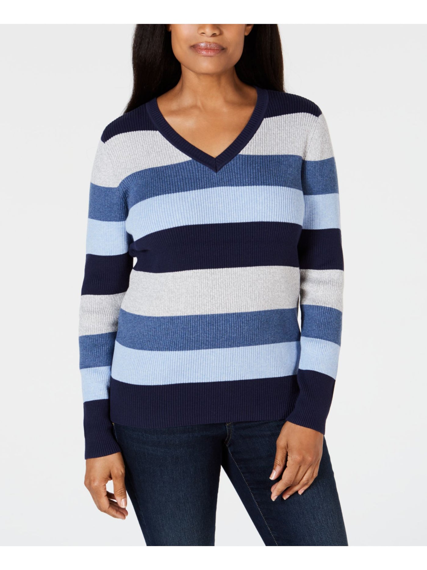 KAREN SCOTT Womens Blue Color Block Long Sleeve V Neck Sweater Petites PP