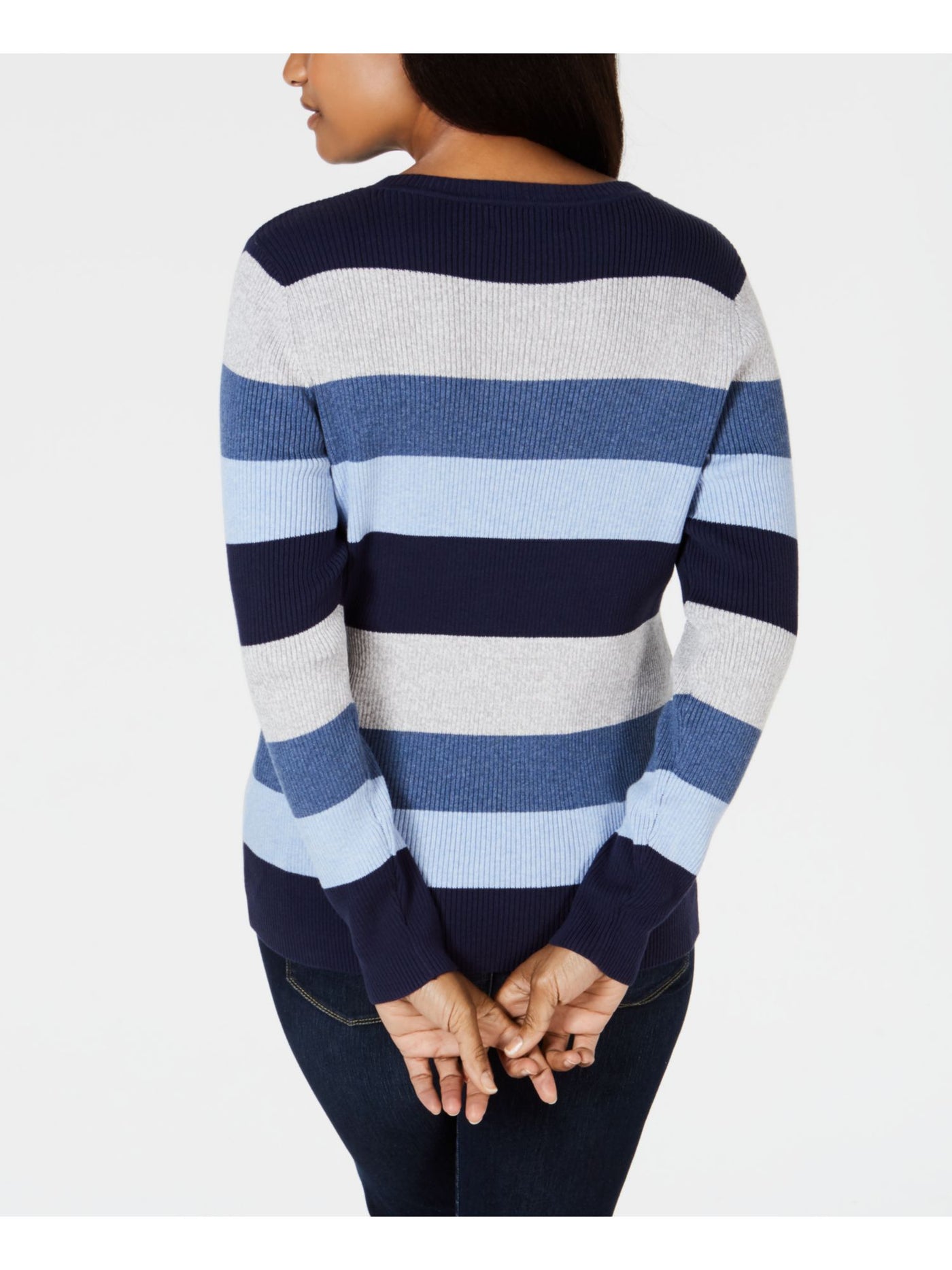 KAREN SCOTT Womens Blue Color Block Long Sleeve V Neck Sweater Petites PP