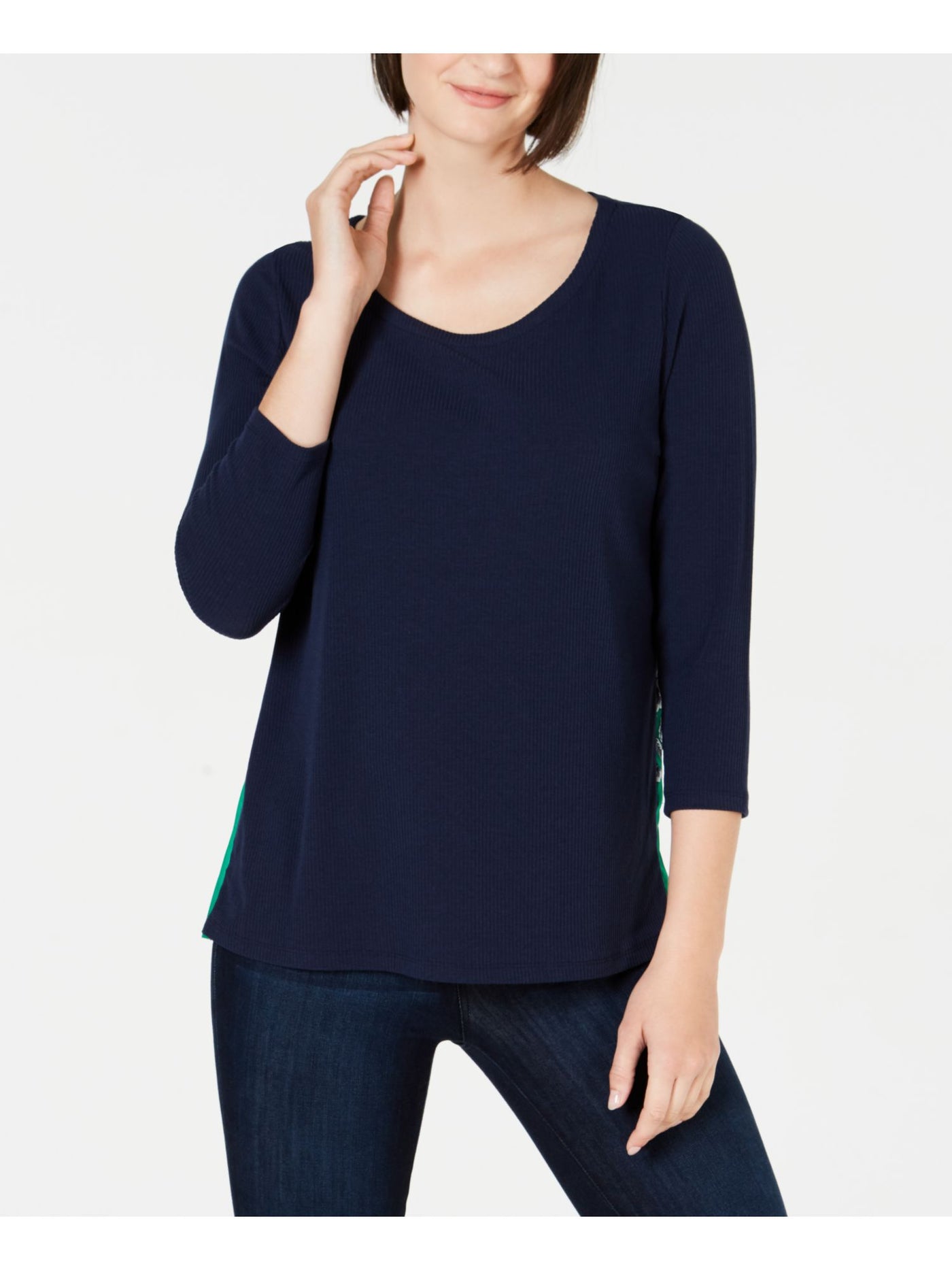 CHARTER CLUB Womens Blue Ribbed 3/4 Sleeve Scoop Neck Top PP