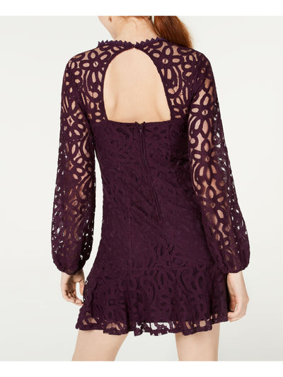 CITY STUDIO Womens Purple Lace Printed Long Sleeve Scoop Neck Micro Mini Evening Trapeze Dress 11