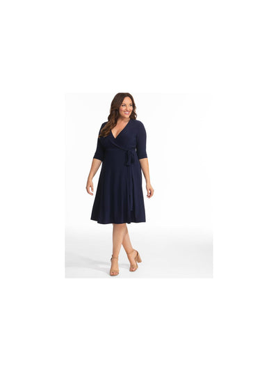 KIYONNA Womens Navy Stretch Tie Elbow Sleeve Surplice Neckline Below The Knee Wear To Work Wrap Dress Plus 2X