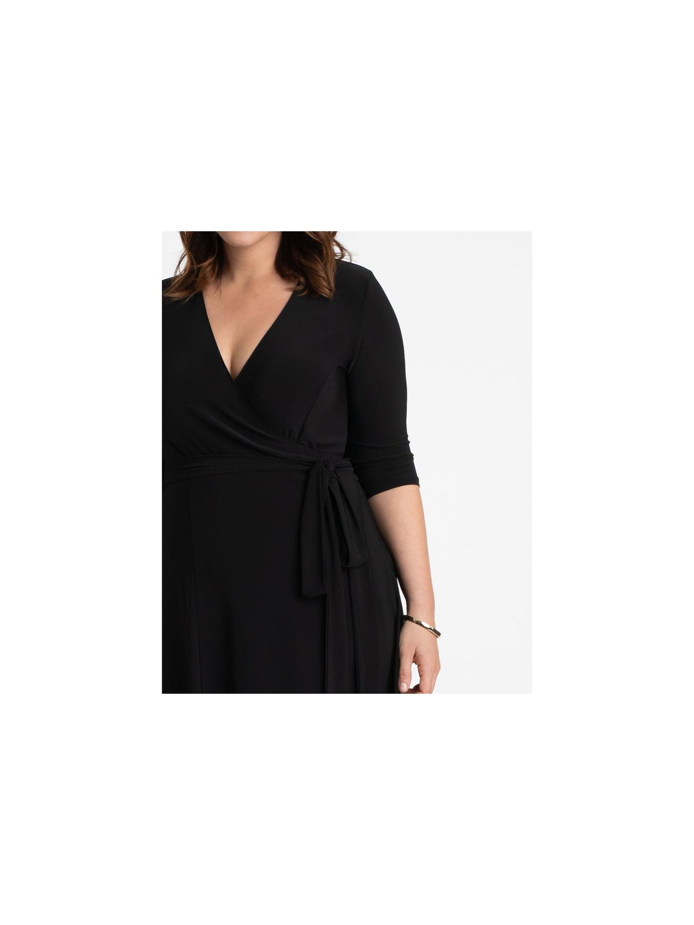 KIYONNA Womens Black Tie 3/4 Sleeve Surplice Neckline Knee Length Wear To Work Wrap Dress Plus 1X