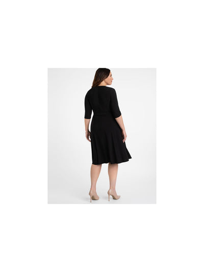 KIYONNA Womens Black Tie 3/4 Sleeve Surplice Neckline Knee Length Wear To Work Wrap Dress Plus 2X
