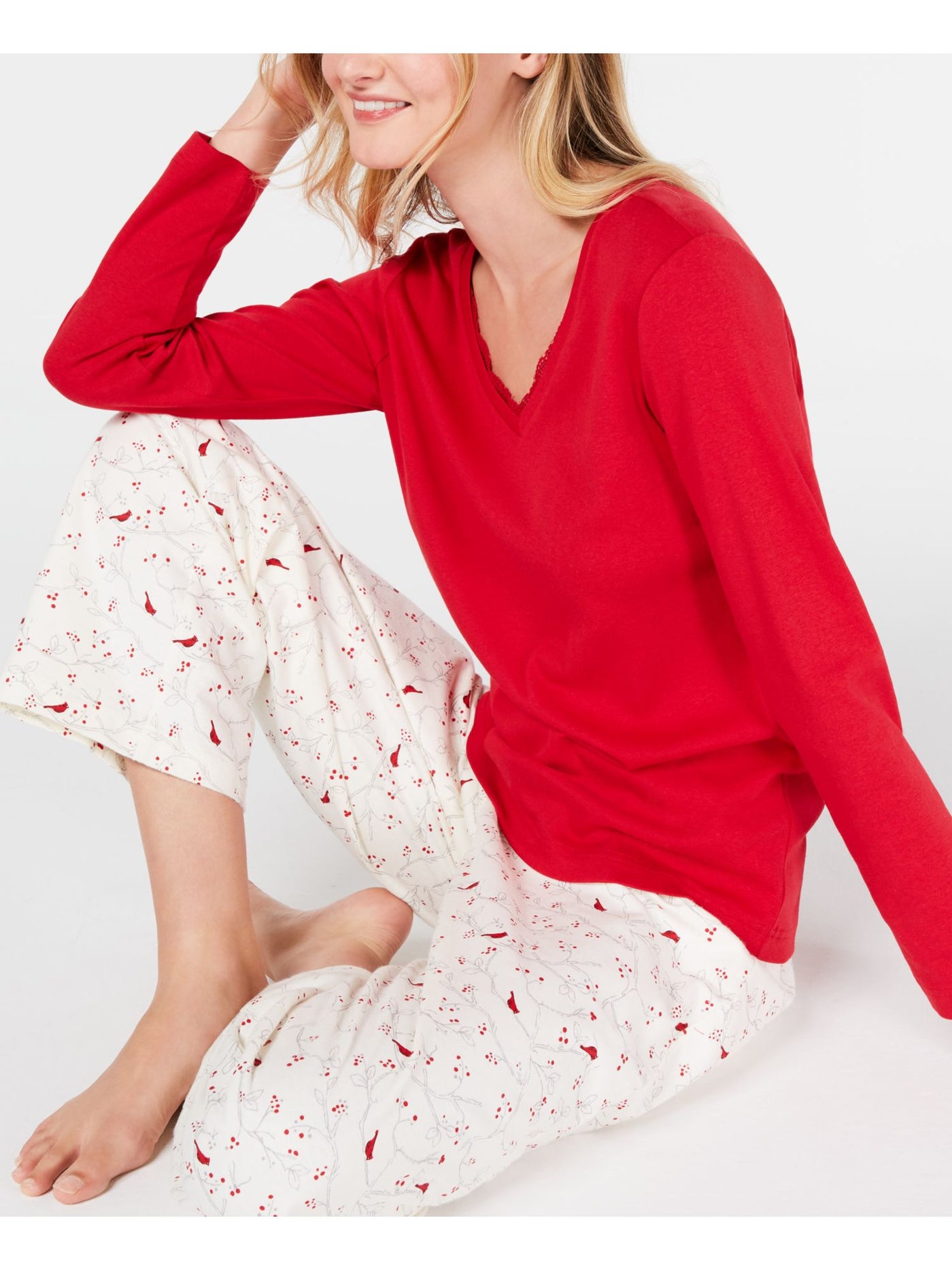 CHARTER CLUB Womens Red Lace Trim Long Sleeve T-Shirt Top Straight leg Pants Pajamas XS