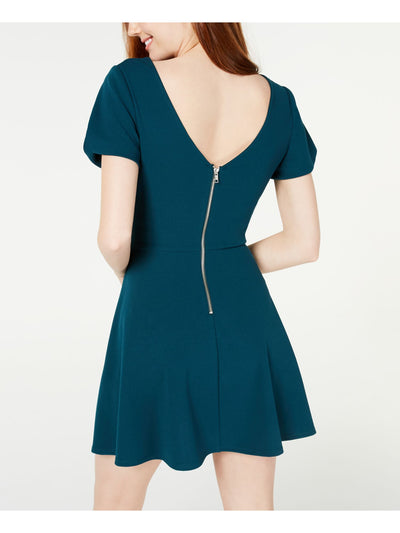 SPEECHLESS Womens Zippered Short Sleeve Jewel Neck Mini Fit + Flare Dress