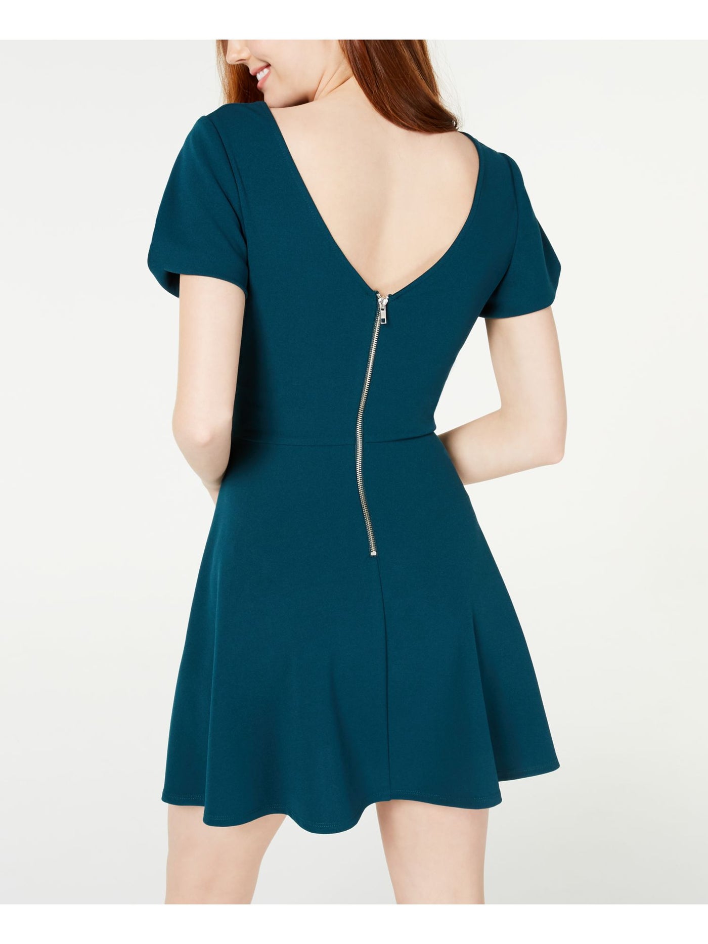 SPEECHLESS Womens Green Petal Sleeve Jewel Neck Mini Fit + Flare Dress Juniors XS