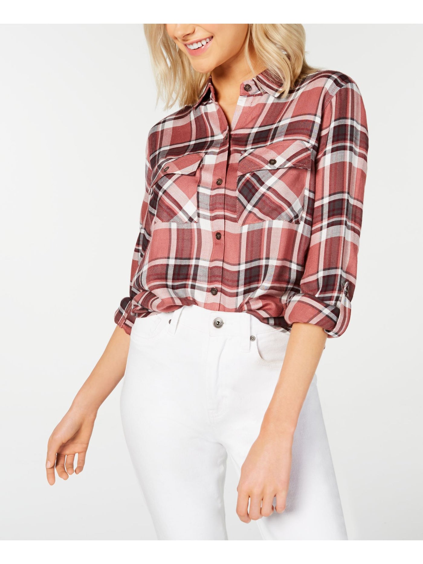 POLLY & ESTHER Womens Red Plaid Roll-tab Sleeve Collared Button Up Top L